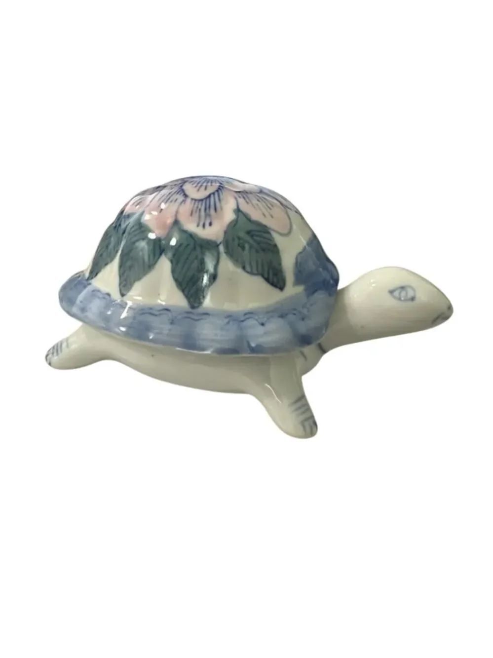 Vintage Ceramic Turtle Trinket Jewelery Box Lidded Pink Blue Flower 6"